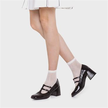 Wonders Aura 2 Strap Blockheel Mary Jane - Black Patent